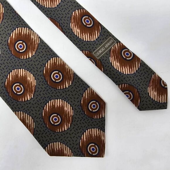 GIORGIO ARMANI CRAVATTE ITALY SILK TIE GRAY BROWN GEOMETRIC CIRCLE 3.5" X 55" - Picture 1 of 2
